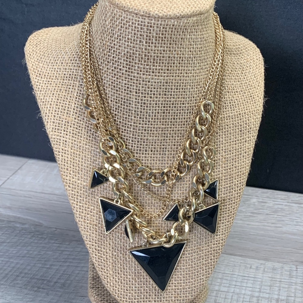 Gold Tone Multi Strand Layered Statement Necklace Black Triangle Charms 14in